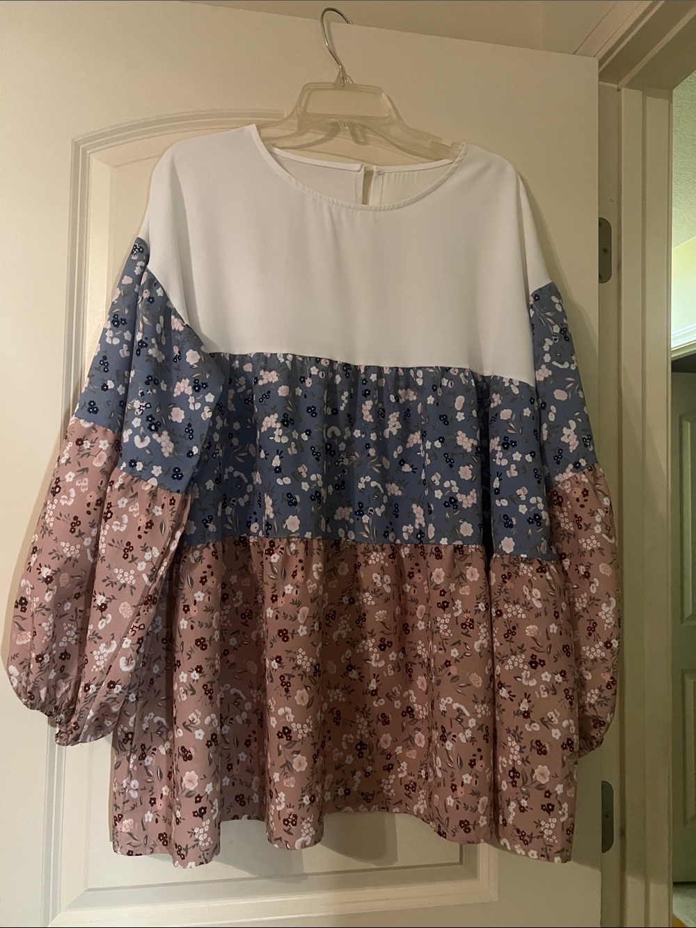 Tiered Floral Peasant Blouse in White, Blue & Dusty Rose